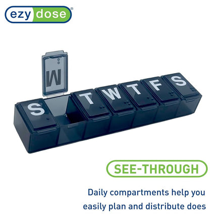 EZY DOSE Pilulier Semainier (7 jours) Organisateur de pilules quotidiennes, Pilulier de vitamines, Boîte à médicaments, Étui à compléments et à huile de poisson, Pratique et facile à utiliser, Compartiments moyens