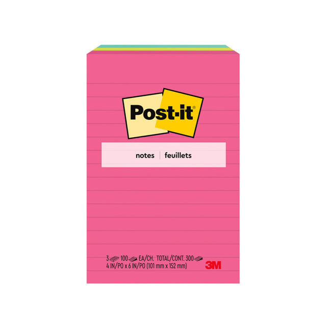 Post-it Notes, 4x6 in, 3 Pads, Poptimistic Collection, Bright Colors (Magenta, Pink, Blue, Green) (660-3AN)