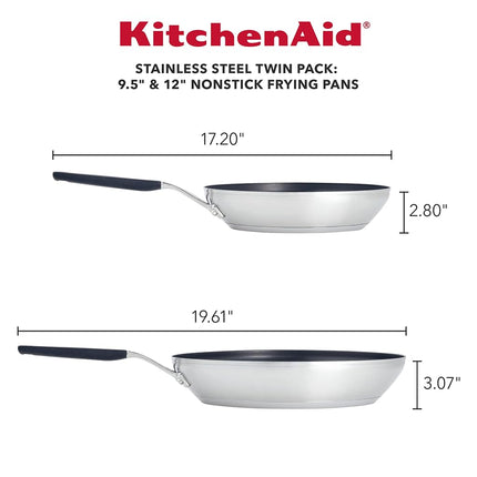 KitchenAid Stainless Steel Nonstick Frying Pans/Skillet Set, 9.5 Inch and 12 Inch - Brushed Stainless Steel