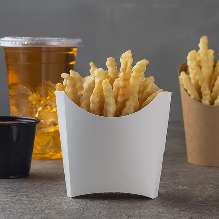 Vaso para papas fritas Bio Tek de 4.5 x 3.2 x 3.9 pulgadas, 100 vasos desechables para refrigerios - Apilables, sostenibles, papel blanco, soporte de 3 onzas para papas fritas, aros de cebolla, palomitas de maíz o galletas - Restaurantware