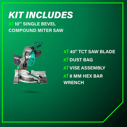 Metabo HPT - 10" Composite Miter Saw, Xact Cut LED Shadow Line System, Precision Miter Angles, 0-45° Single Bevel, 40T TCT Blade, Positive Stops, Lightweight Design