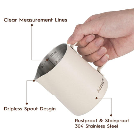 Milk Frothing Pitcher, 350ml/12oz Steaming Pitchers Stainless Steel Milk Coffee Cappuccino Latte Art Barista Steam Pitchers Milk Jug Cup with Decorating Art Pen, Matte White