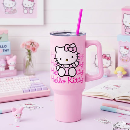 Gobelet isotherme en acier inoxydable Silver Buffalo Sanrio Hello Kitty avec poignée et paille compatible avec les porte-gobelets standards 38 L