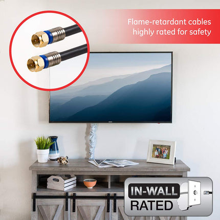 GE RG6 Coaxial Cable, 100 ft. F-Type Connectors, Quad Shielded Coax Cable, 3 GHz Digital, In-Wall Rated, Ideal for TV Antenna, DVR, VCR, Satellite, Cable Box, Home Theater, Black, 34842