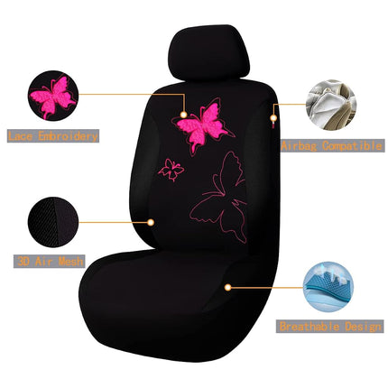Flying Banner Butterfly car seat Covers ful Set Fashion Universal Lady Woman Female Rear Bench Split Colorized (Black Rose Red, Full Set - Lace)