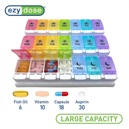 EZY DOSE Weekly (7-Day) Pill Case, Medicine Planner, Vitamin Organizer Box, Daily Planner, Push Button Compartments, Convenient and Easy to Use, 3 Times a Day, Rainbow Lids, BPA Free