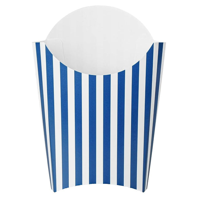 Bio Tek 4.7 x 3.5 x 5.1 Inch French Fry Cup, 100 Disposable Snack Cups - Stackable, Sustainable, Blue and White Paper 4 Ounce Fry Holder, for Fries, Onion Rings, Popcorn, or Cookies - Restaurantware