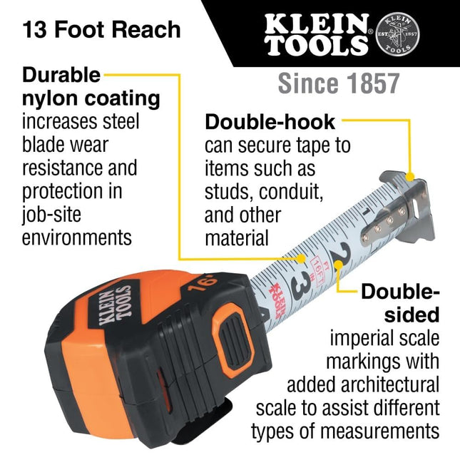 Klein Tools 9516 Tape Measure, 16-Foot Compact Double-Hook Imperial Measuring Tape with Finger Brake, Nylon Blade, Easy to Read Bold Lines