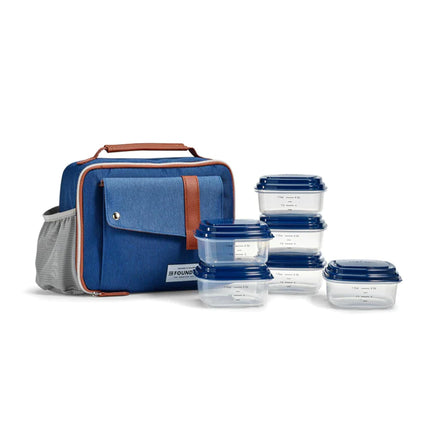 Fit & Fresh Foundry, Gaspee Adult Insulated Lunch Bag with Side & Front Pouches, Complete Lunch Kit Includes 6 Containers, Denim
