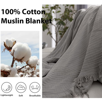 Manta de muselina de algodón sencilla y opulenta para cama y sofá, manta de gasa tejida con borlas, suave, ligera, acogedora, prelavada, transpirable, decoración de casa de campo (gris)