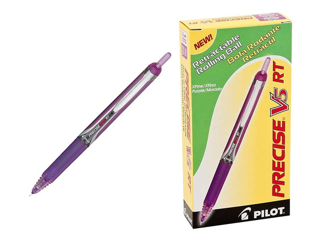 Stylos roller à encre liquide rétractables et rechargeables Pilot Precise V5 RT, Pointe extra-fine (0,5 mm), Encre violette, Paquet de 12 (26066)