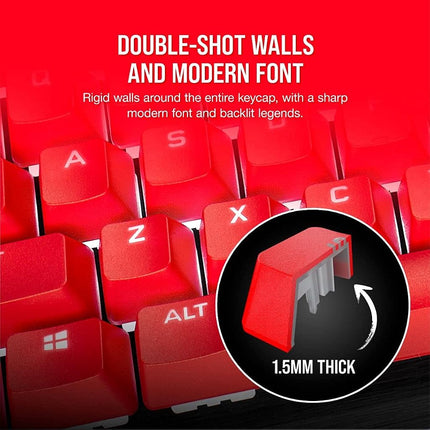 Kit de modification de touches Corsair PBT Double-Shot PRO – Touches PBT double injection – Rouge origine – Rangée inférieure standard – Surface texturée – Parois de 1,5 mm d'épaisseur – Amortisseurs toriques