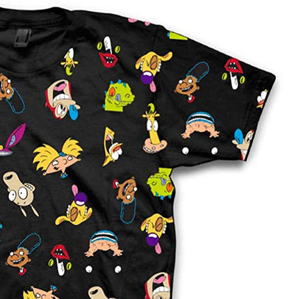 Camiseta clásica de Nickelodeon de los 90 para hombre - Rugrats, Invader Zim, Ren & Stimpy, y Hey Arnold Vintage T-Shirt (Negro Estampado, Pequeña)