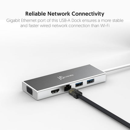 j5create USB 3.0 Hub with HDMI, VGA, RJ45 Gigabit Ethernet, 2 USB 3.1