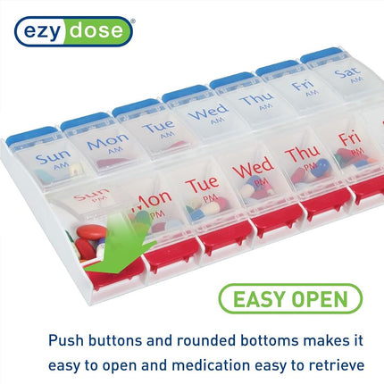 EZY DOSE Pilulier à Bouton-Poussoir (7 Jours), Organisateur de Médicaments et de Vitamines, Hebdomadaire, 2 Fois par Jour, Matin/Soir, Grands Compartiments, Facile à Utiliser en Cas d'Arthrite, Couvercles Transparents, Rouge/Bleu
