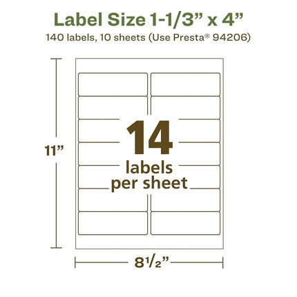 Avery EcoFriendly Matte White Recycled Rectangle Labels, 1-1/3" x 4", Matte White Labels, Permanent Adhesive, Laser/Inkjet Printable, 140 Total