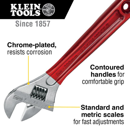 KLEIN TOOLS D507-8 Adjustable Wrench, Extra Capacity Jaw Forged Drive Wrench with High Polish Chrome Finish, 8-Inch