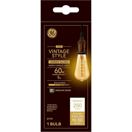 GE Vintage Style LED Light Bulb, Warm Candle Light, Amber Glass, Medium Base, ST19 Edison Style Light Bulb, 5 Watts (1 Pack)