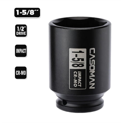 CASOMAN 6-Point 1/2-Inch Drive Deep Impact Socket- 1-5/8" (SAE), CR-MO, 1/2-inch Drive 6 Point Axle Nut Socket for Easy Removal of Axle Shaft Nuts (1-5/8")