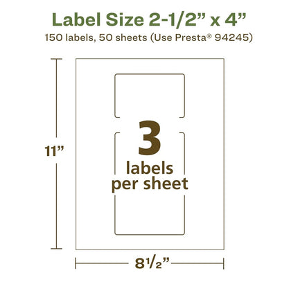 Etiquetas rectangulares recicladas Avery EcoFriendly de color blanco mate, 2.5" x 4", impresión al borde, etiquetas blancas mate, adhesivo permanente, imprimibles con láser/inyección de tinta, 150 en total