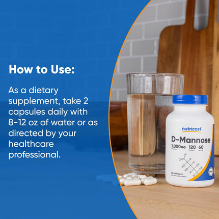 Nutricost D-Manosa 500 mg, 120 cápsulas – 1000 mg por porción, sin OMG y sin gluten