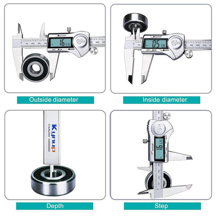 Kynup Digital Caliper, 200mm/8 Inch Caliper Measuring Tool with Stainless Steel, IP54 Splash Proof Protection Design, Easy Switch from Inch Metric Fraction, Large LCD Screen, 2 Extra Button Cells