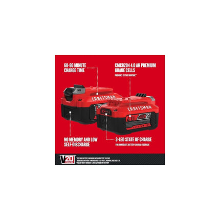 CRAFTSMAN V20 Lithium Ion Battery, 4.0-Amp Hour, 2 Pack (CMCB204-2)