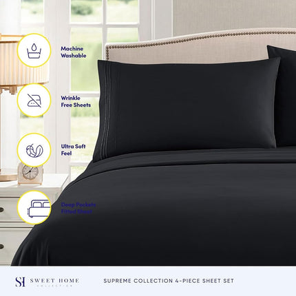 Sweet Home Collection Luxury Bedding Set with Flat, Fitted Sheet, 2 Pillow Cases, Microfiber, Black, California King