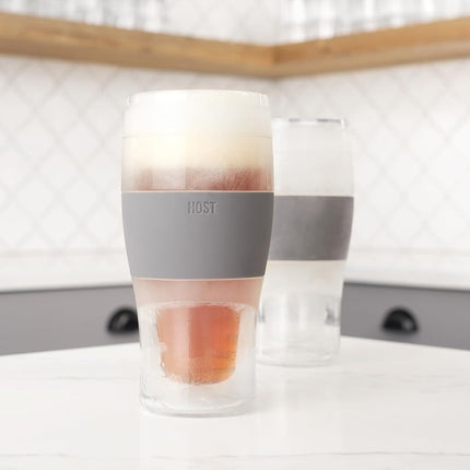Host Freeze Beer Glasses, 16 ounce Freezer Gel Chiller Double Wall Plastic Frozen U.S. Pint (473ml / .83 UK Pint) Glass, Set of 2 - Grey (3309)