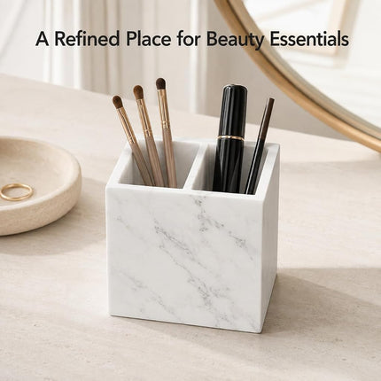 SIRIZEN-DIVING White Marble Pen Holder with 2 Compartments 3.94 Inch