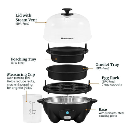 Elite Gourmet EGC-007B# Rapid Egg Cooker, 7 Easy-To-Peel, Hard, Medium, Soft Boiled Eggs, Poacher, Omelet Maker, Auto Shut-Off, Alarm, 16-Recipe Booklet, BPA-Free, Black