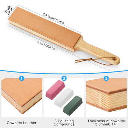 ANGERSTONE Double Side Leather Strop for Knife Sharpening - 14''x 2'' Stropping Block Kit with Polishing Compound, Ergonomic Handle Honing Knives, Woodworking Chisels White,Green