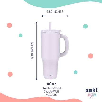 Vaso de viaje Sutton de Zak Designs para llevar, acero inoxidable de 40 oz con aislamiento al vacío, pajita de silicona y asa de transporte para bebidas frías (lila ahumado)