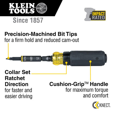 Klein Tools 32500HDRT KNECT Multi-Bit Screwdriver/Nut Driver, Ratcheting Impact Rated 11-in-1 Tool with Phillips, Slotted, Square and Torx Tips