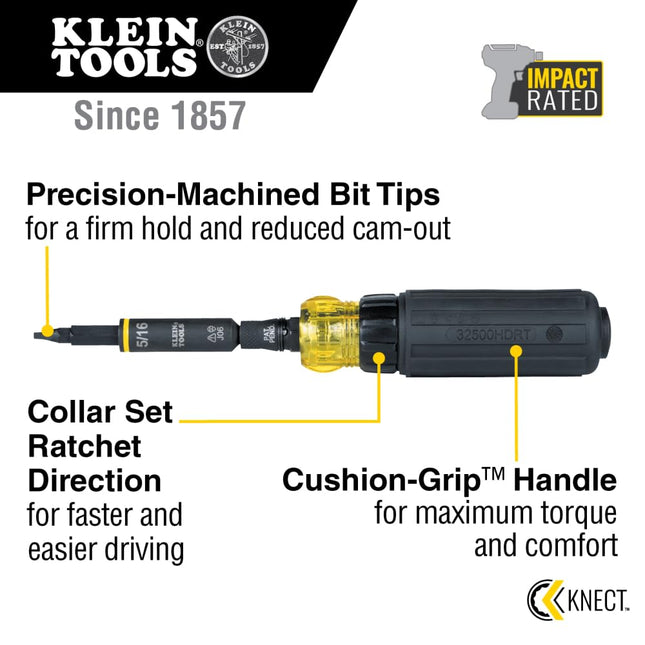 Klein Tools 32500HDRT KNECT Multi-Bit Screwdriver/Nut Driver, Ratcheting Impact Rated 11-in-1 Tool with Phillips, Slotted, Square and Torx Tips