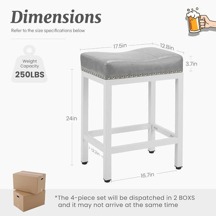 DUMOS Bar Stools Set of 2, 24 inch Counter Height Saddle Stools, Upholstered Modern Kitchen Barstools with Metal Base, PU Leather for Kitchen Island, Classic Gray