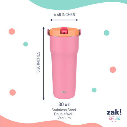 Gobelet de voyage Sutton Zak Designs, 887 ml, en acier inoxydable avec isolation sous vide, bec verseur avec paille, poignée de transport pour boissons froides (rose très doux)