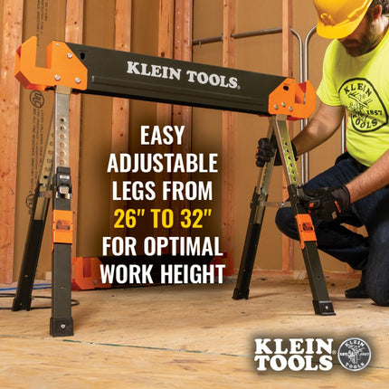 Klein Tools 66188 Folding Saw Horse, 2x4 Support Arms, 26-Inch to 32-Inch Adjustable Height, Heavy Duty Jobsite Table, 1-Pack