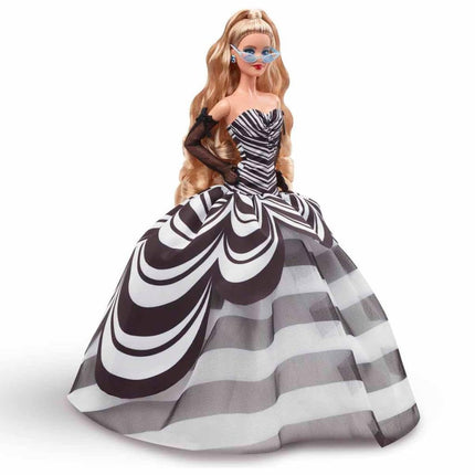 Barbie Signature Doll, 65th Anniversary Collectible with Blonde Hair, Black and White Gown, Sapphire Gem Earrings and Sunglasses, HRM58