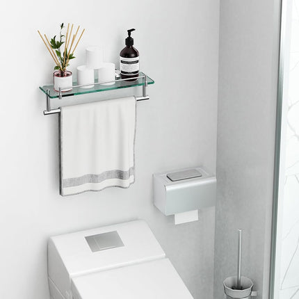 KOCOK 16-Inch Floating Tempered Glass Bathroom Shelf with Towel Bar - Chrome Polished & Stainless Steel, Wall Mount
