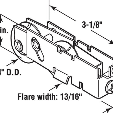 Prime-Line D 1845 1-1/4 in. Steel, Sliding Door Tandem Roller Assembly with F-Tab (Single Pack)