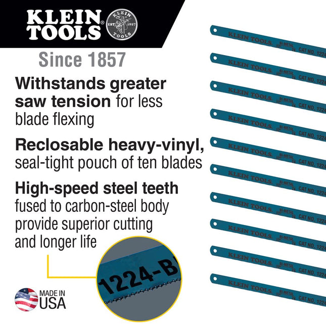 Klein Tools 1224BI-P Hacksaw Blades, Bi-Metal Replacement Blades 24 TPI, 12-Inch, 10-Pack, Made in USA
