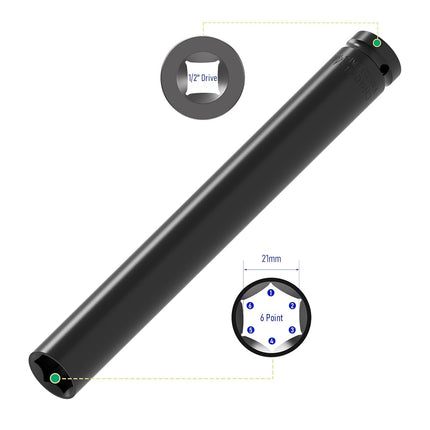 FOCMKEAS 1/2" Drive 21mm Socket Accessory Set, 12 Inch Length