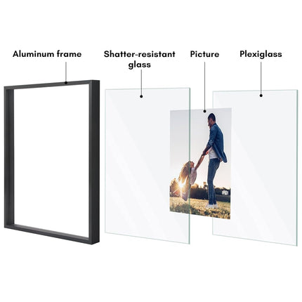 Americanflat Aluminum 11x14 Floating Picture Frame in Black - Use as 11x14 Picture Frame or 8x10 Floating Frame - Photo Frame with Slim Metal Molding and Polished Plexiglass with Hanging Hardware