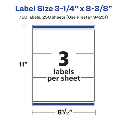 Avery Matte White Rectangle Labels with Sure Feed, 3-1/4" x 8-3/8", 750 Matte White Printable Labels