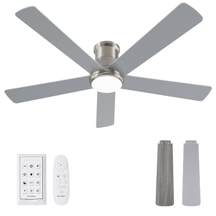 Autoday 52 Inch Ceiling Fans with Lights and Remote - Brushed Nickel Flush Mount Ceiling Fan with Light Low Profile, 6 Speeds, Quiet DC, 3CCT Dimmable, Indoor Outdoor Ceiling Fans for Patios Bedroom