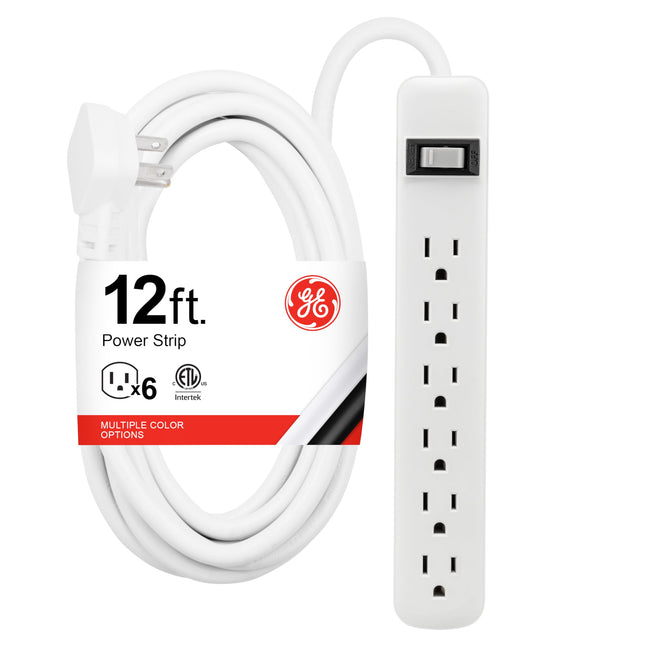 GE 6 Outlet Power Strip, 12 Ft Long Extension Cord