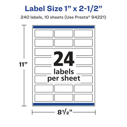 Avery Glossy Clear Rectangle Labels with Sure Feed, 1" x 2.5", 240 Glossy Clear Labels, Laser/Inkjet Printable Labels