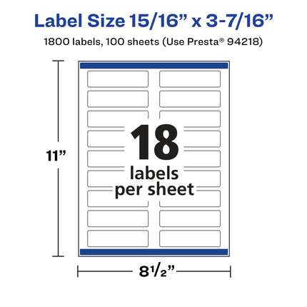 Avery Matte White Removable Rectangle Labels with Sure Feed Technology, 15/16" x 3-7/16", 1,800 Removable Labels, Laser/Inkjet Printable Labels