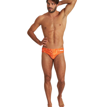 ARENA Puzzled Swim Briefs for Boys and Men- Brief Style Swimsuit for Swimming Practice, Casual or Competitive Swimwear, Black-orange Multi, 24